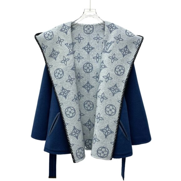 Louis Vuitton Womens Reversible Wool Hooded Belt Coat Blue Logo Print Size 36 XS - Picture 1 of 8